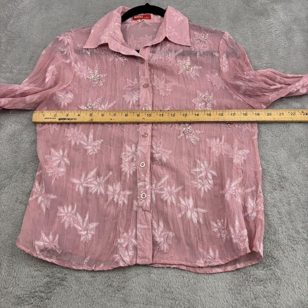 VTG 90s Y2K Sheer Floral Embroidered Beaded Button Up Top Womens S Pink Fairy - Picture 12 of 16
